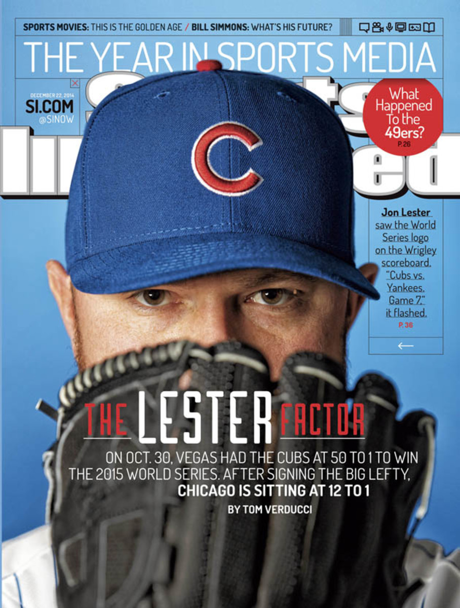 Jon Lester on the cover of Sports Illustrated after signing with the Cubs in 2014.